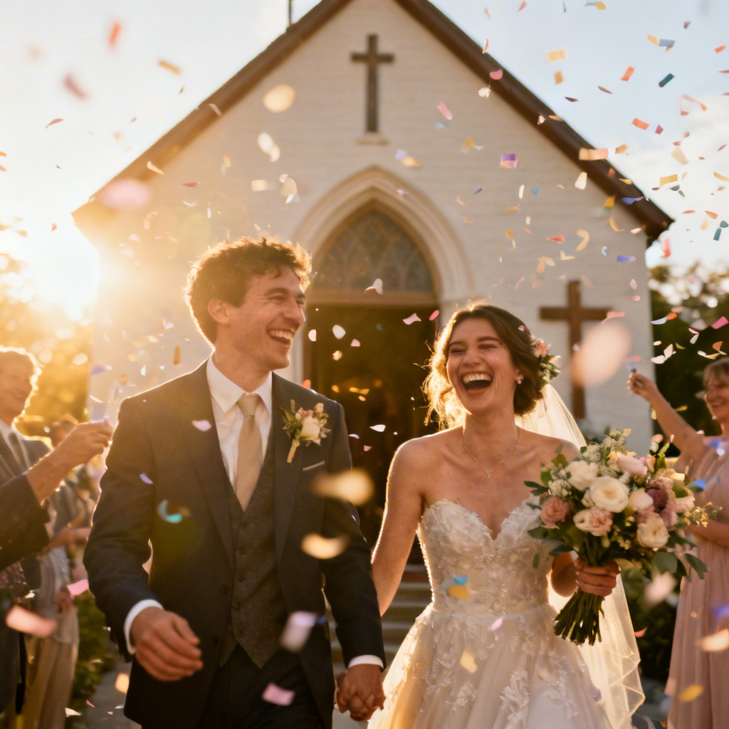 AI happy wedding confetti exit at golden hour
