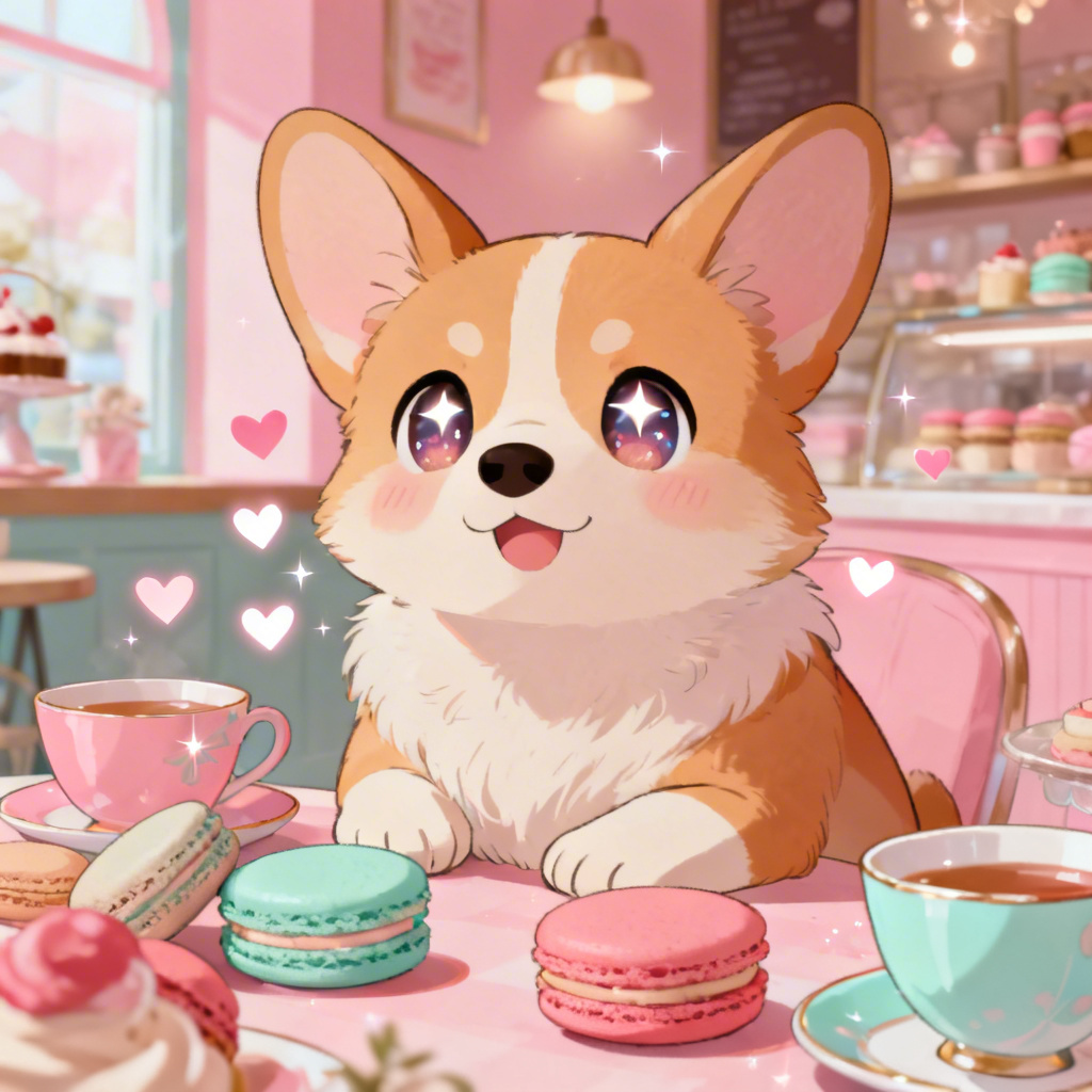 AI kawaii corgi at a pastel dessert cafe