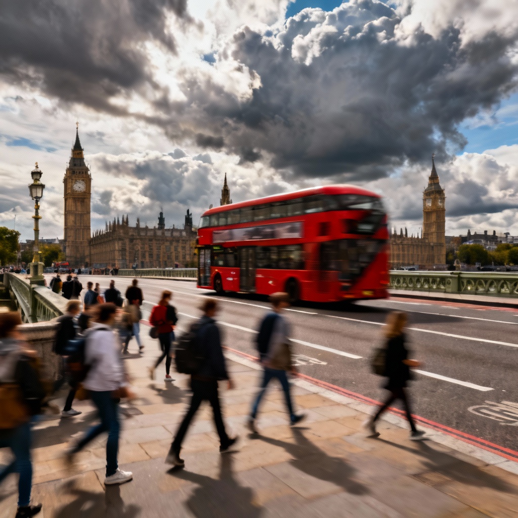 AI red double-decker bus on Westminster Bridge