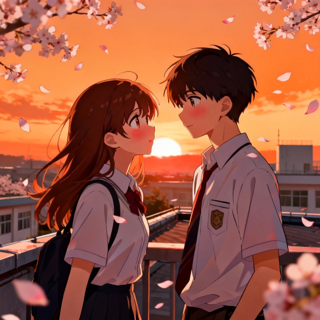 AI anime couple on school rooftop at sunset