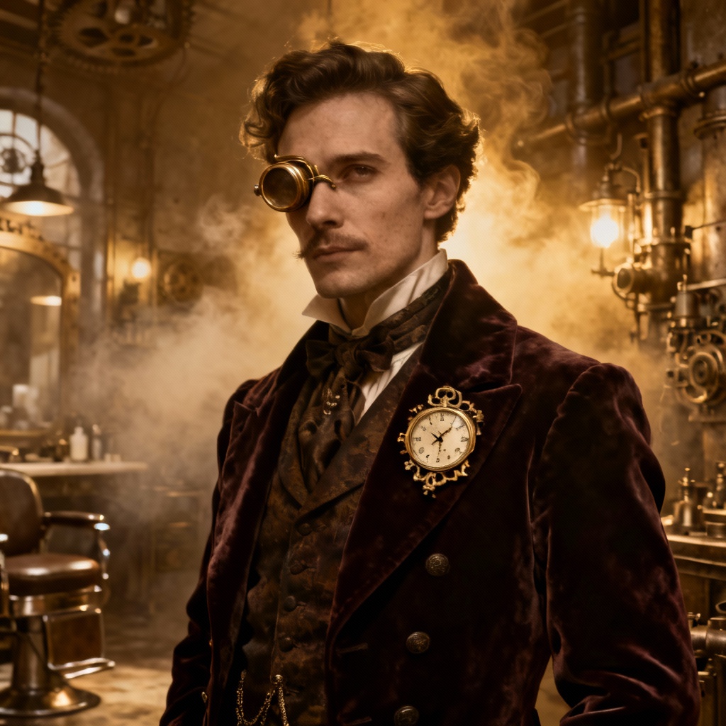 AI steampunk aristocrat with brass monocle and velvet coat