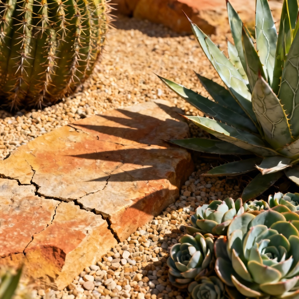Desert succulent garden with cacti and gravel textures