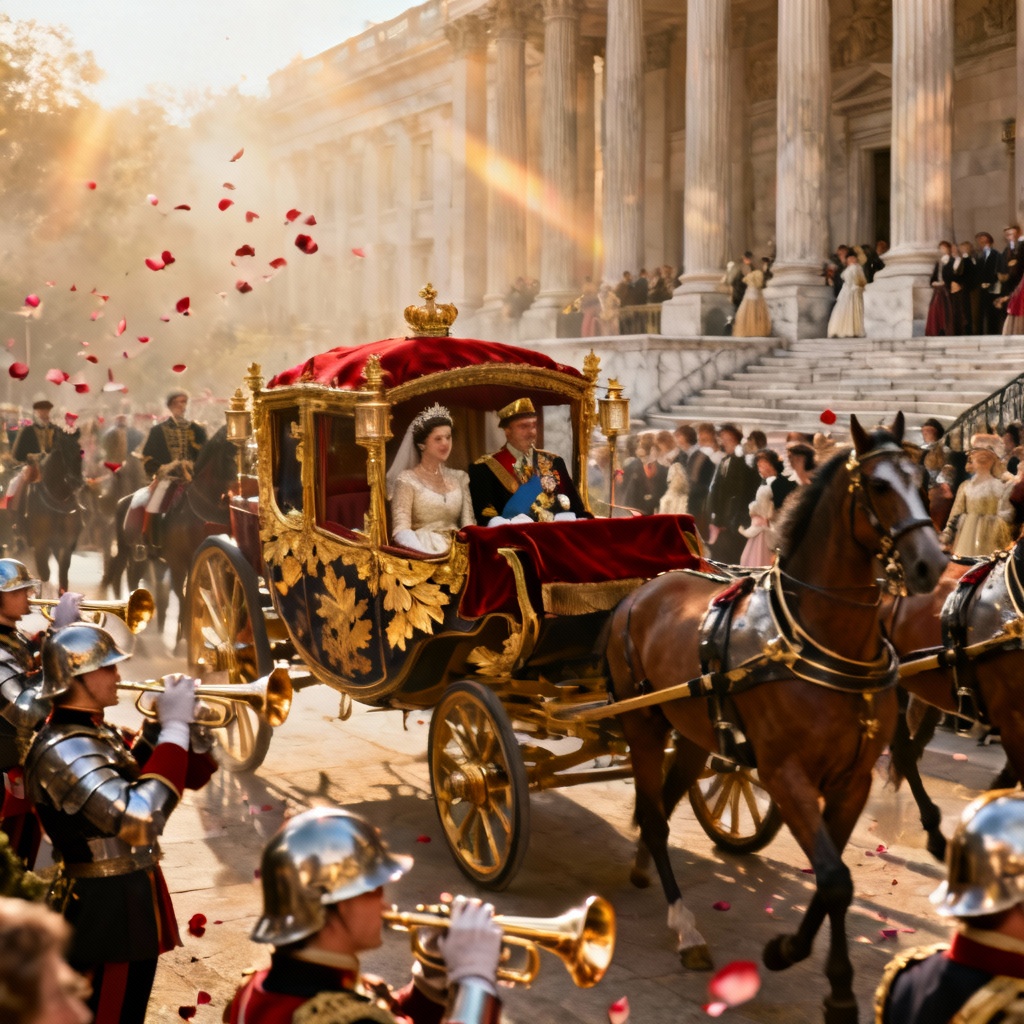 AI royal parade on sunlit avenue with open carriage and trumpeters
