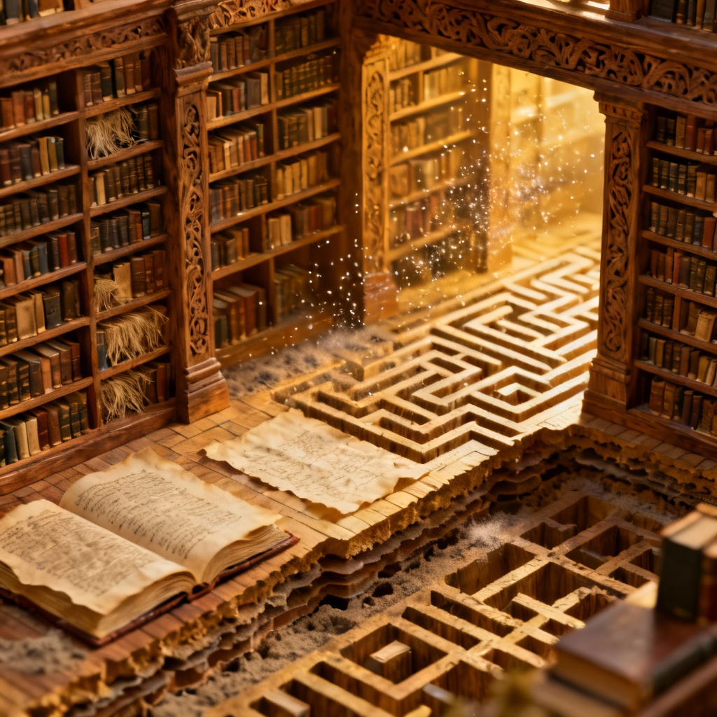 AI isometric cutaway of an ancient labyrinth library