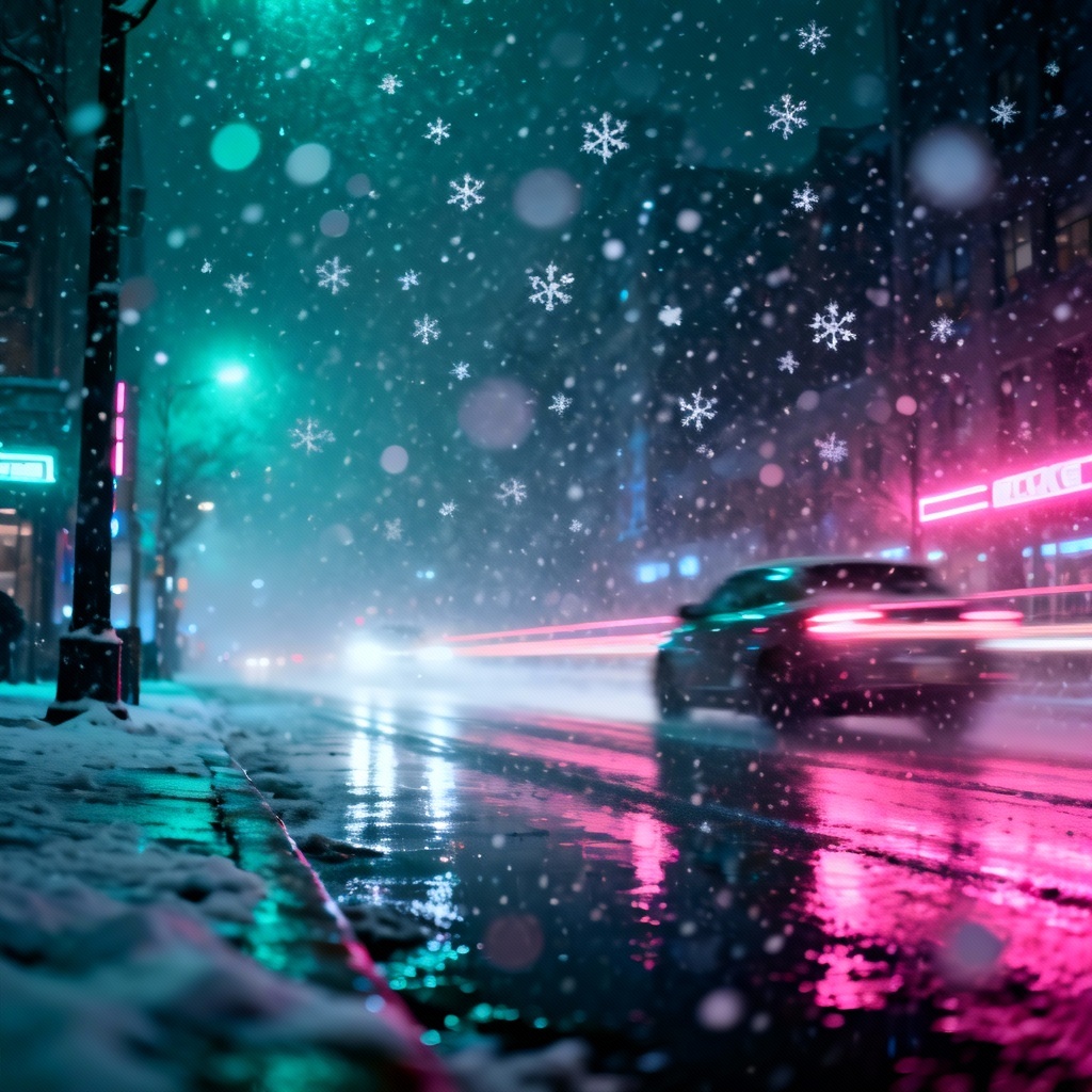AI Neon City Street in Heavy Snow at Night