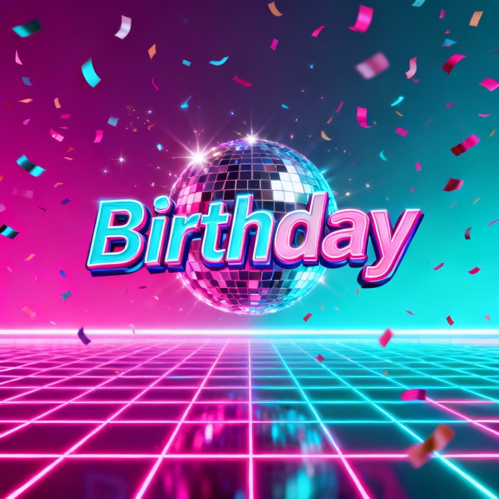 Neon disco birthday background with glowing grid and confetti
