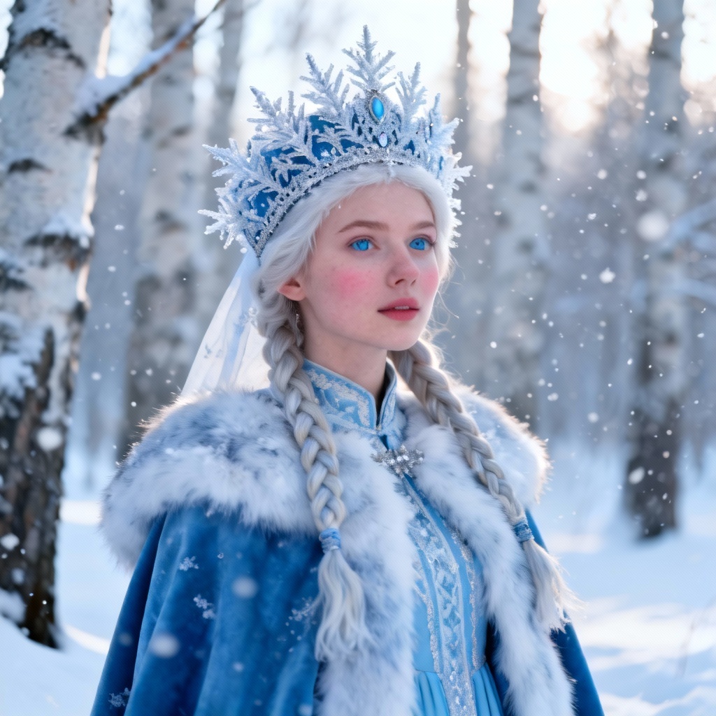AI Snegurochka Snow Maiden portrait in icy forest
