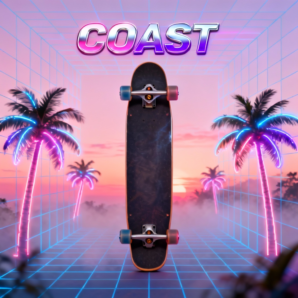 Vaporwave cruiser skateboard with pastel gradient and palm trees
