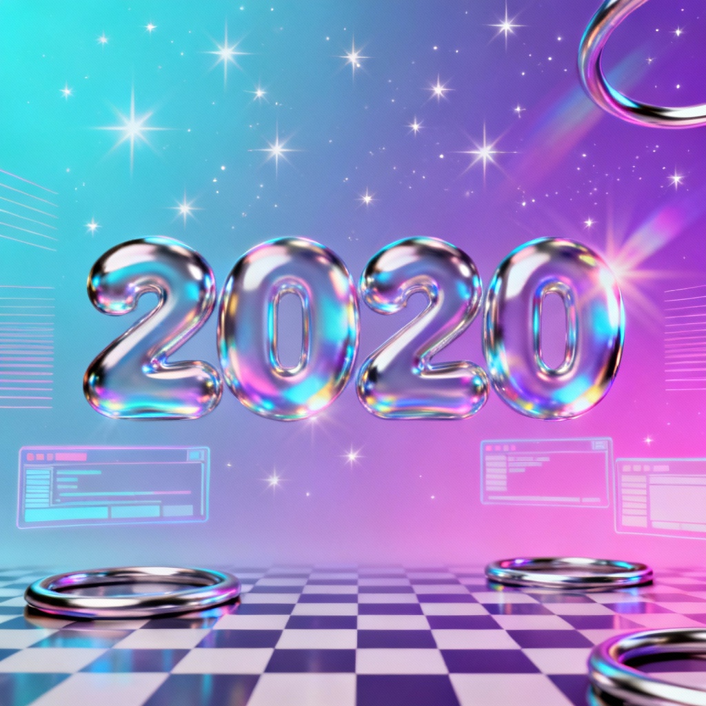 AI Y2K aesthetic poster with chrome text, holographic gradient, and sparkles