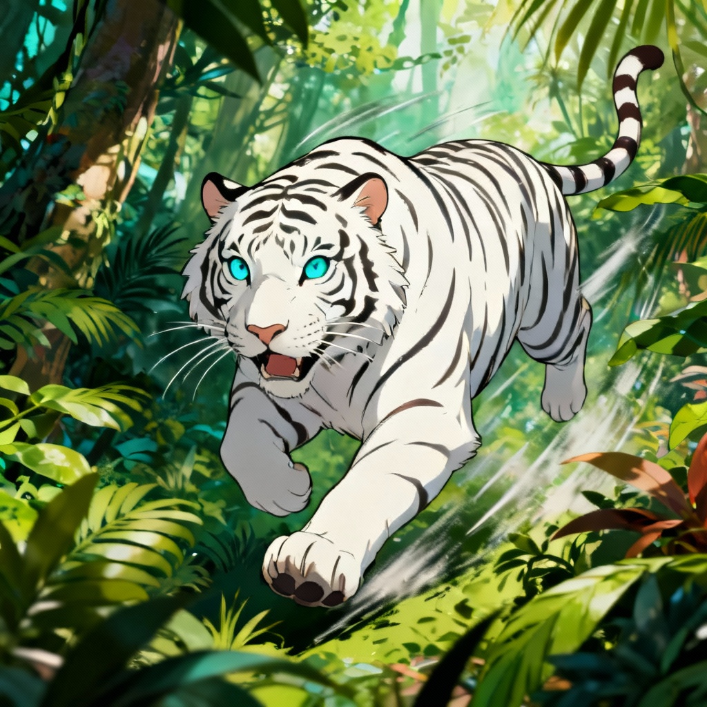 Anime white tiger leaping in vibrant jungle scene