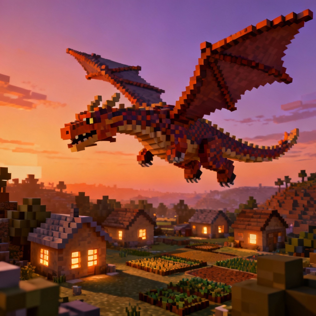 AI Minecraft-style dragon flying over voxel village