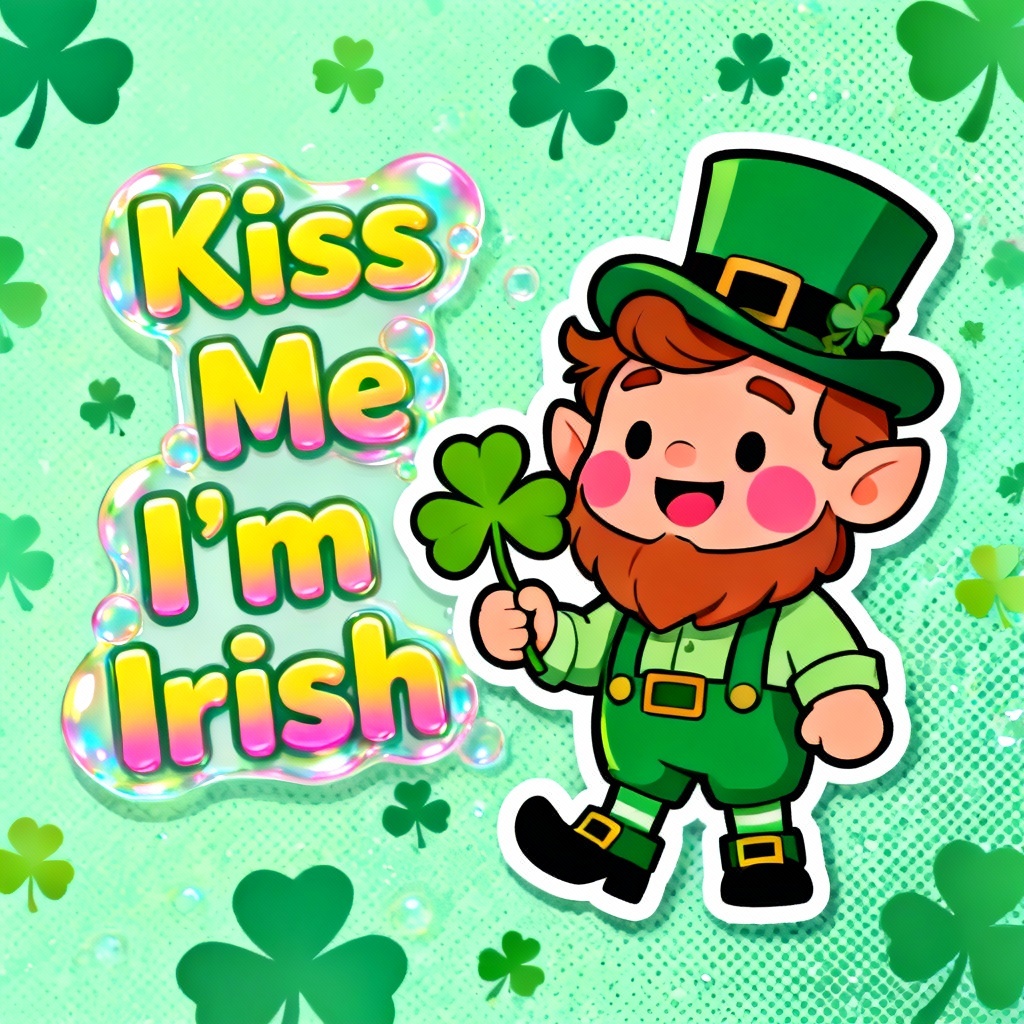 Kawaii leprechaun Irish card with bubble letters and clover