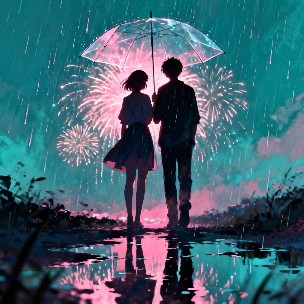 AI anime fireworks date in light rain under an umbrella