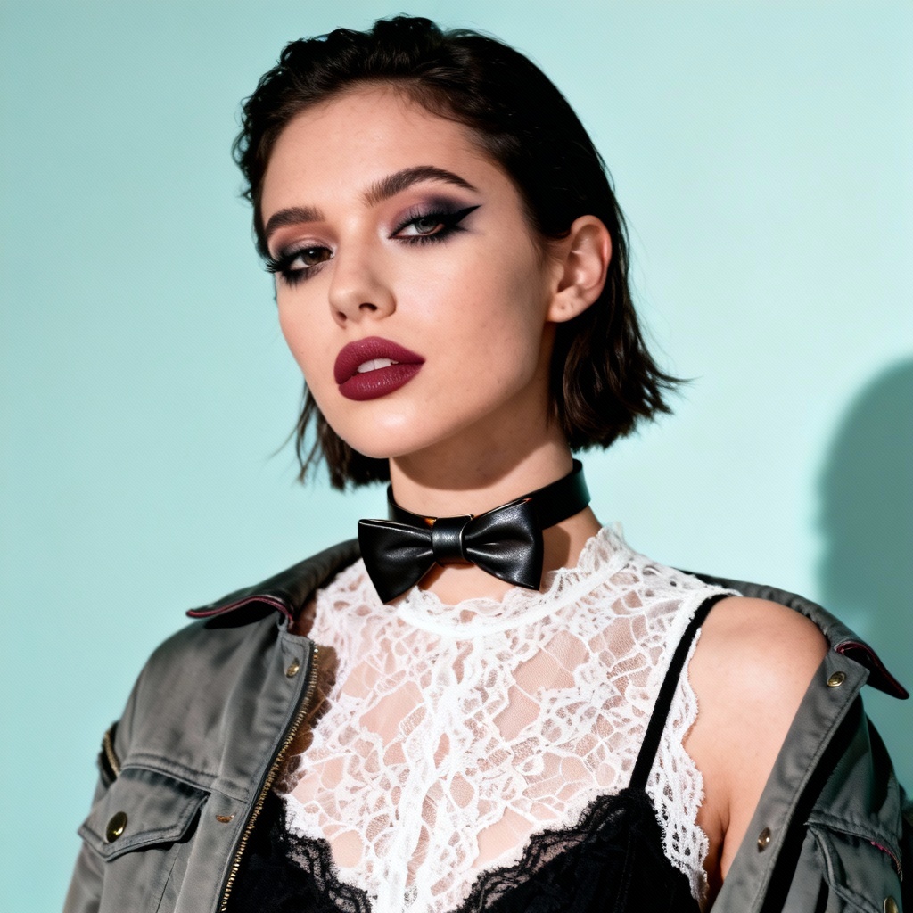 AI soft grunge coquette look with leather bow choker
