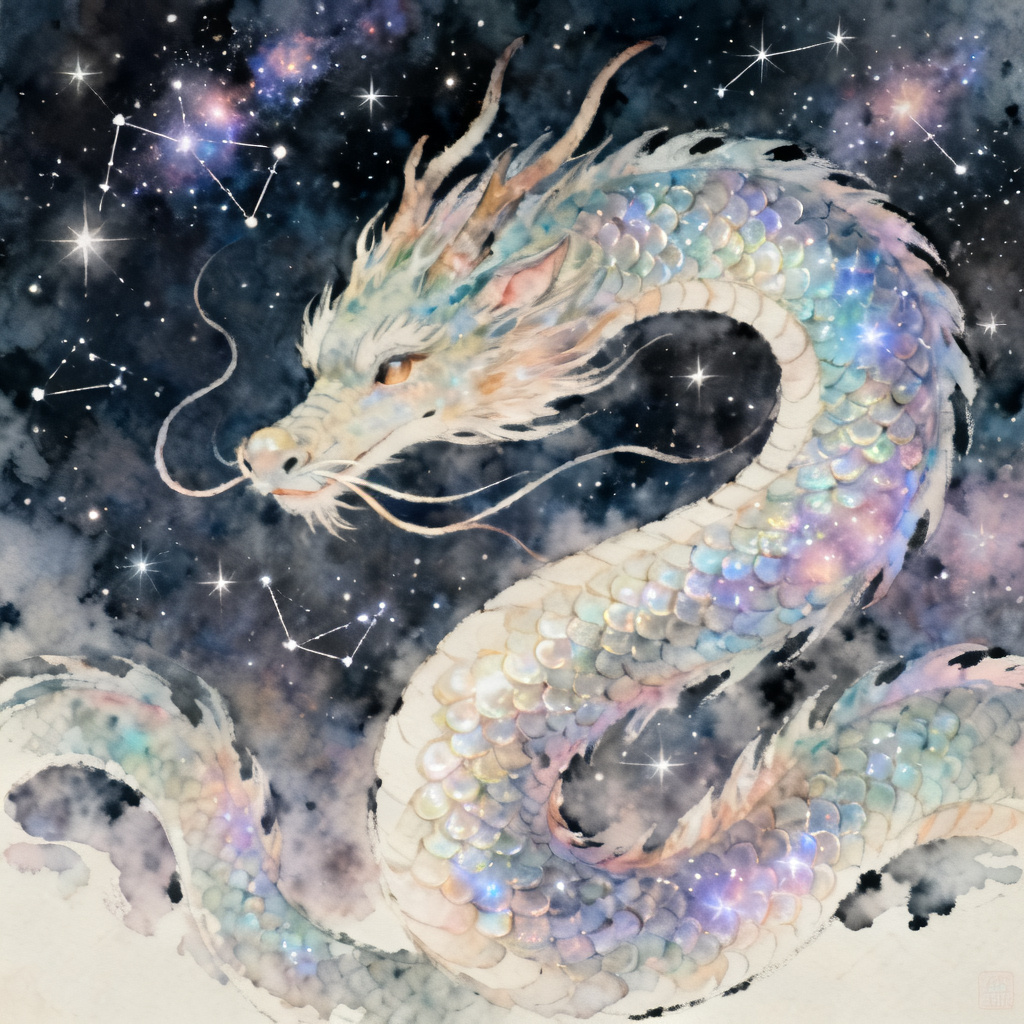 AI eastern dragon OC with pearlescent scales in starfield