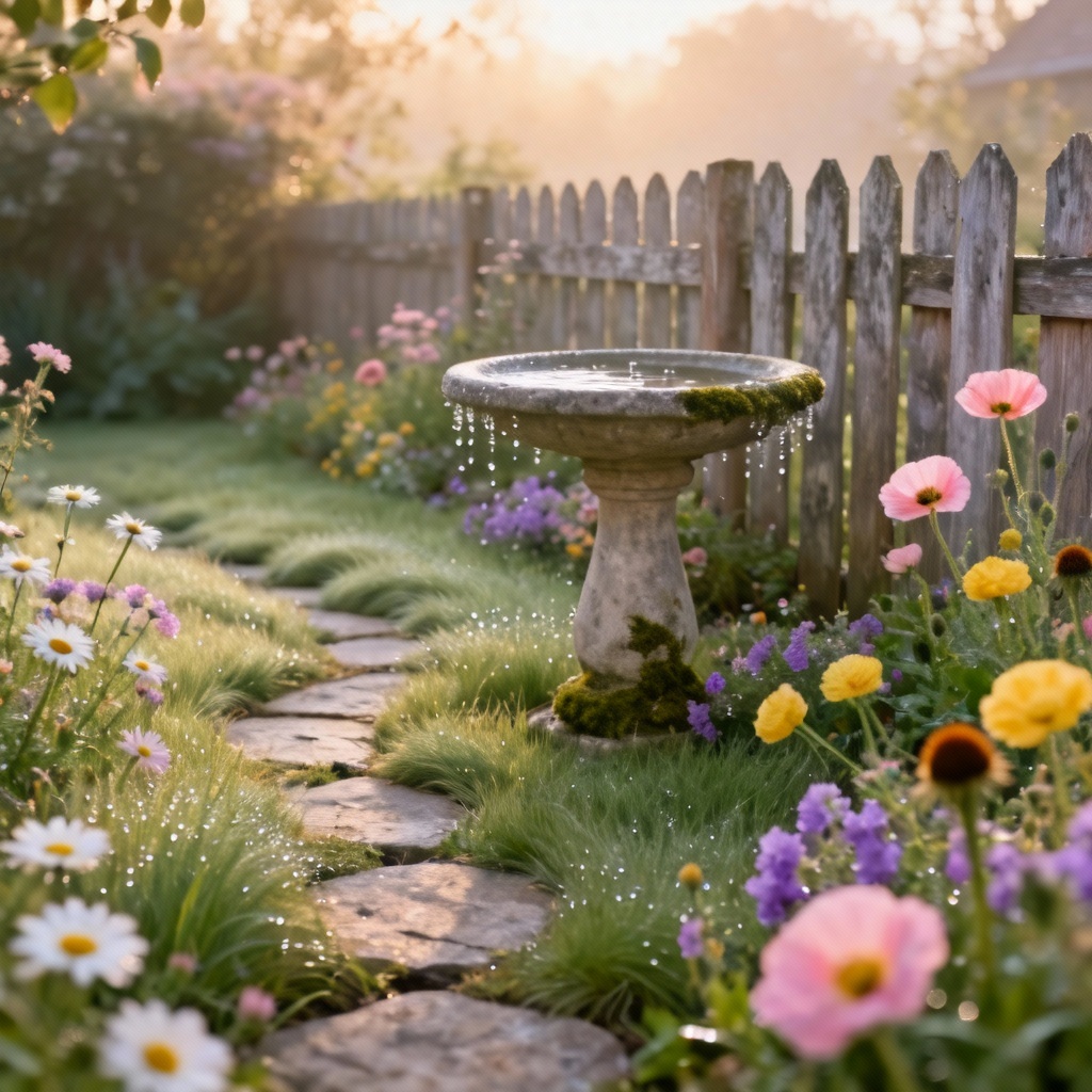 AI cottage garden lawn with wildflowers and stone path