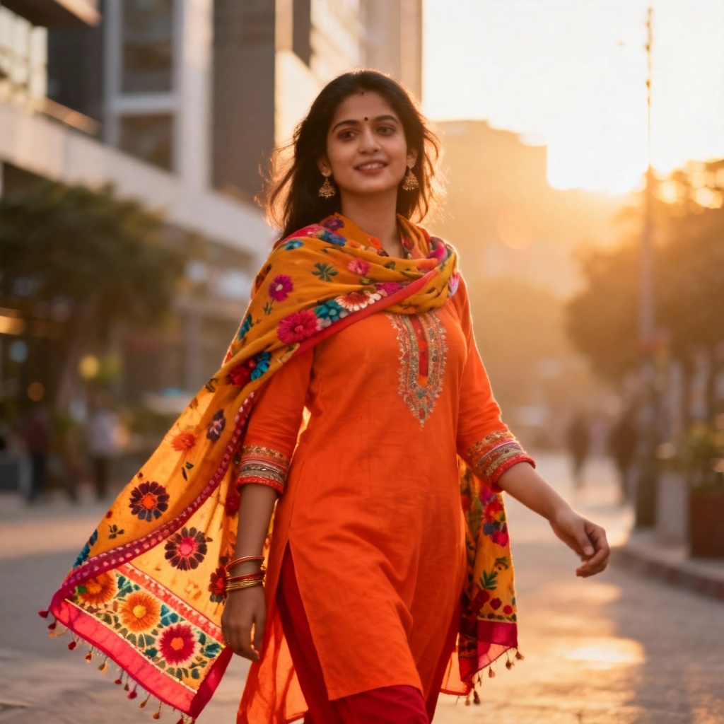 AI Indian woman in Punjabi suit at golden hour