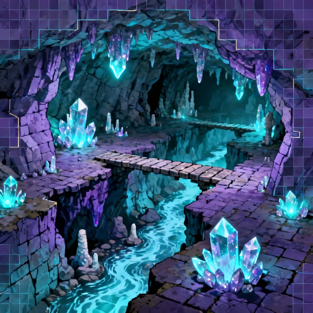 Glowing crystal cavern battle map with bridges and grid