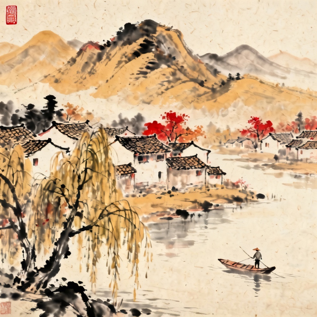 AI ink wash autumn village landscape on rice paper