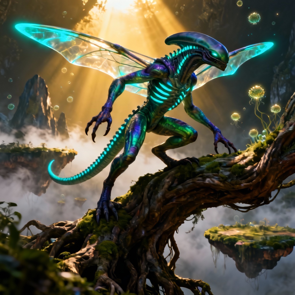AI-generated Pandora bioluminescent alien creature on forest roots