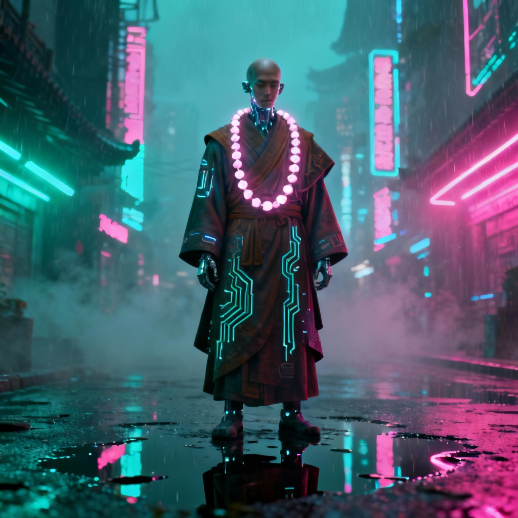 AI cyberpunk monk with neon city background
