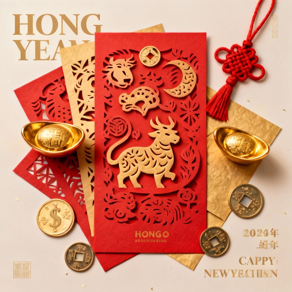 Red envelope themed card with paper-cut patterns