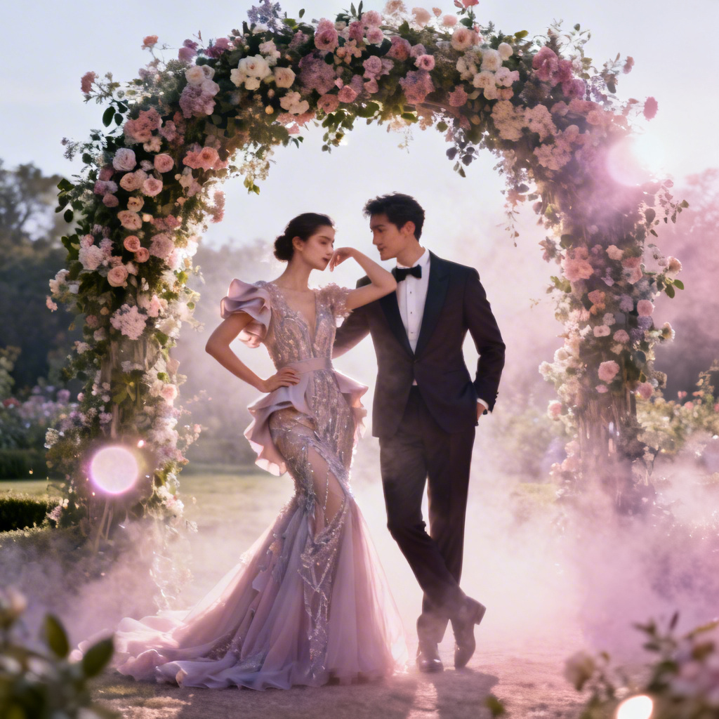 Ethereal editorial AI wedding couple in a floral garden