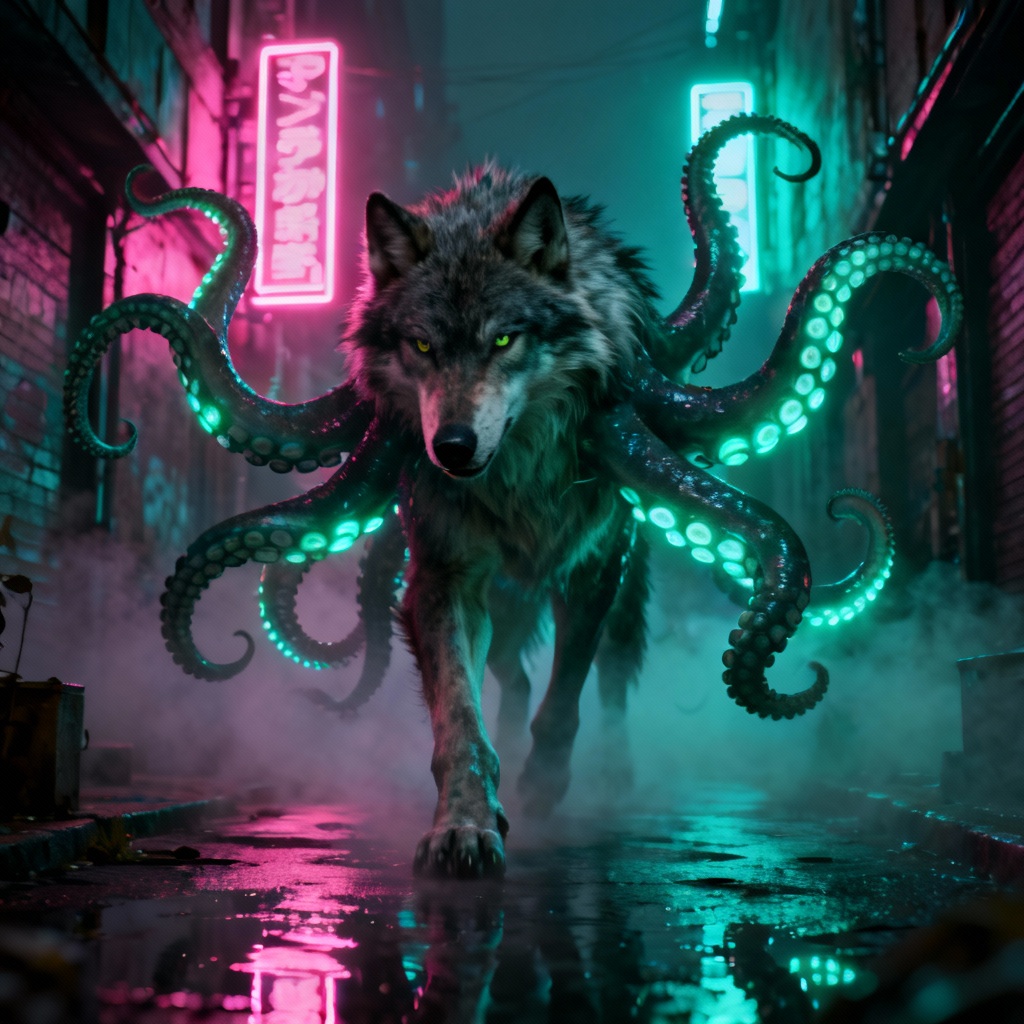 3D neon wolf and octopus hybrid in cyberpunk city