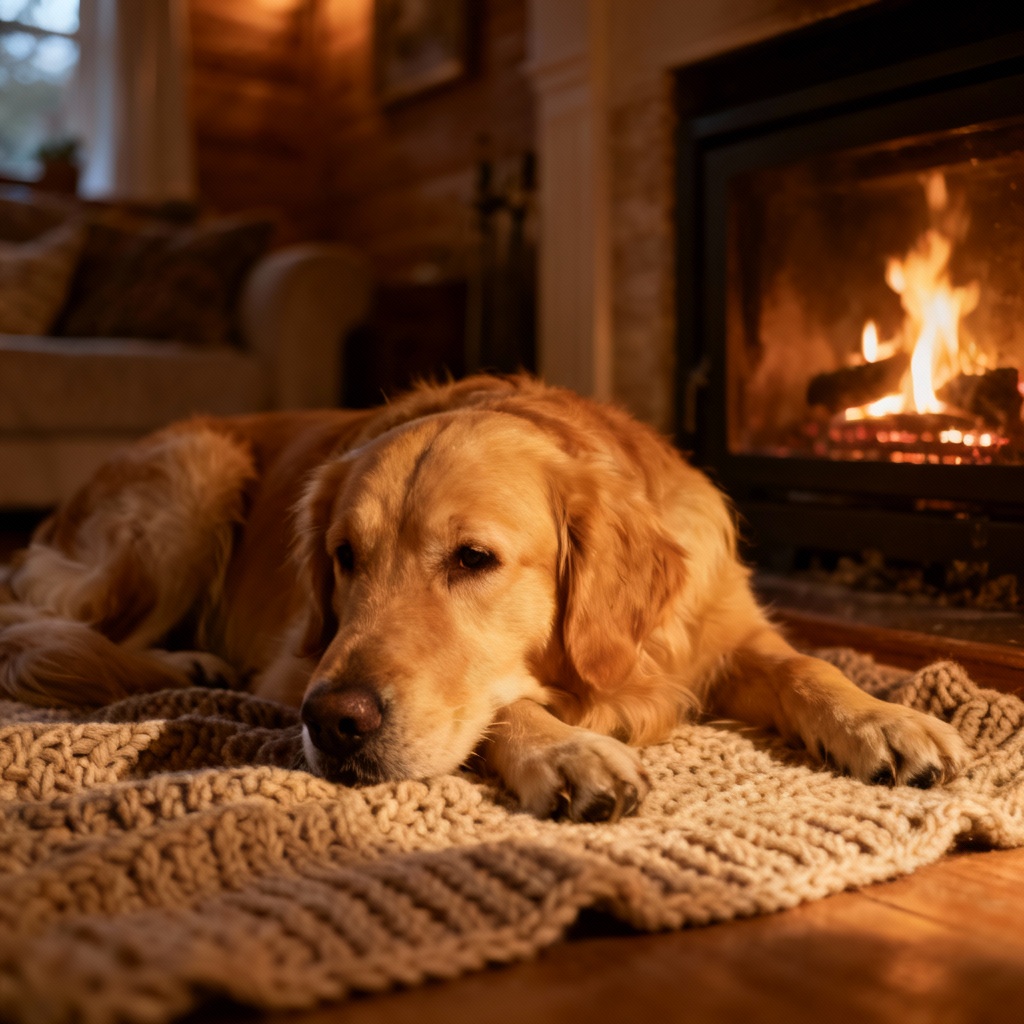 Cozy indoor golden retriever portrait