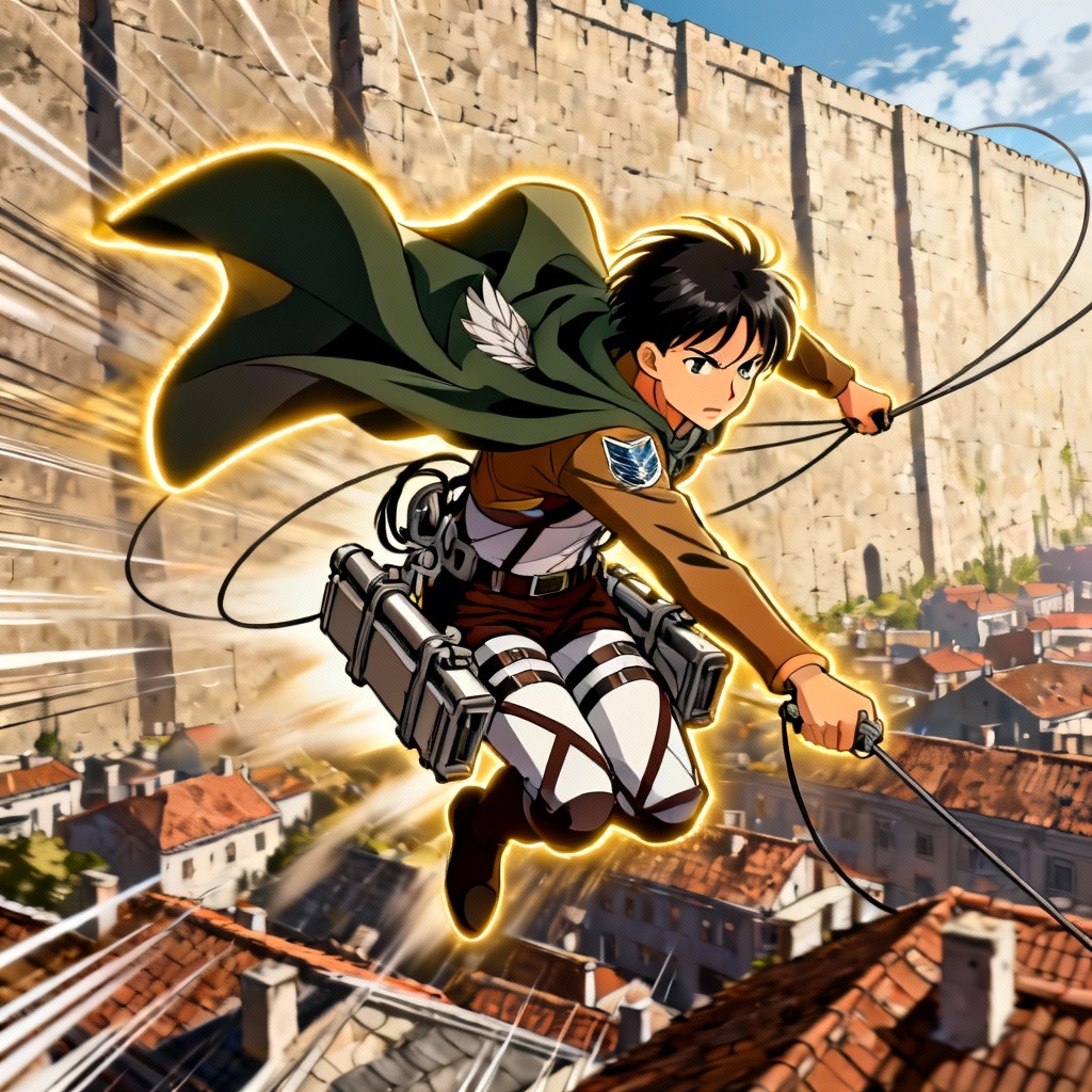 AI AOT scout leaping over a city wall with ODM gear