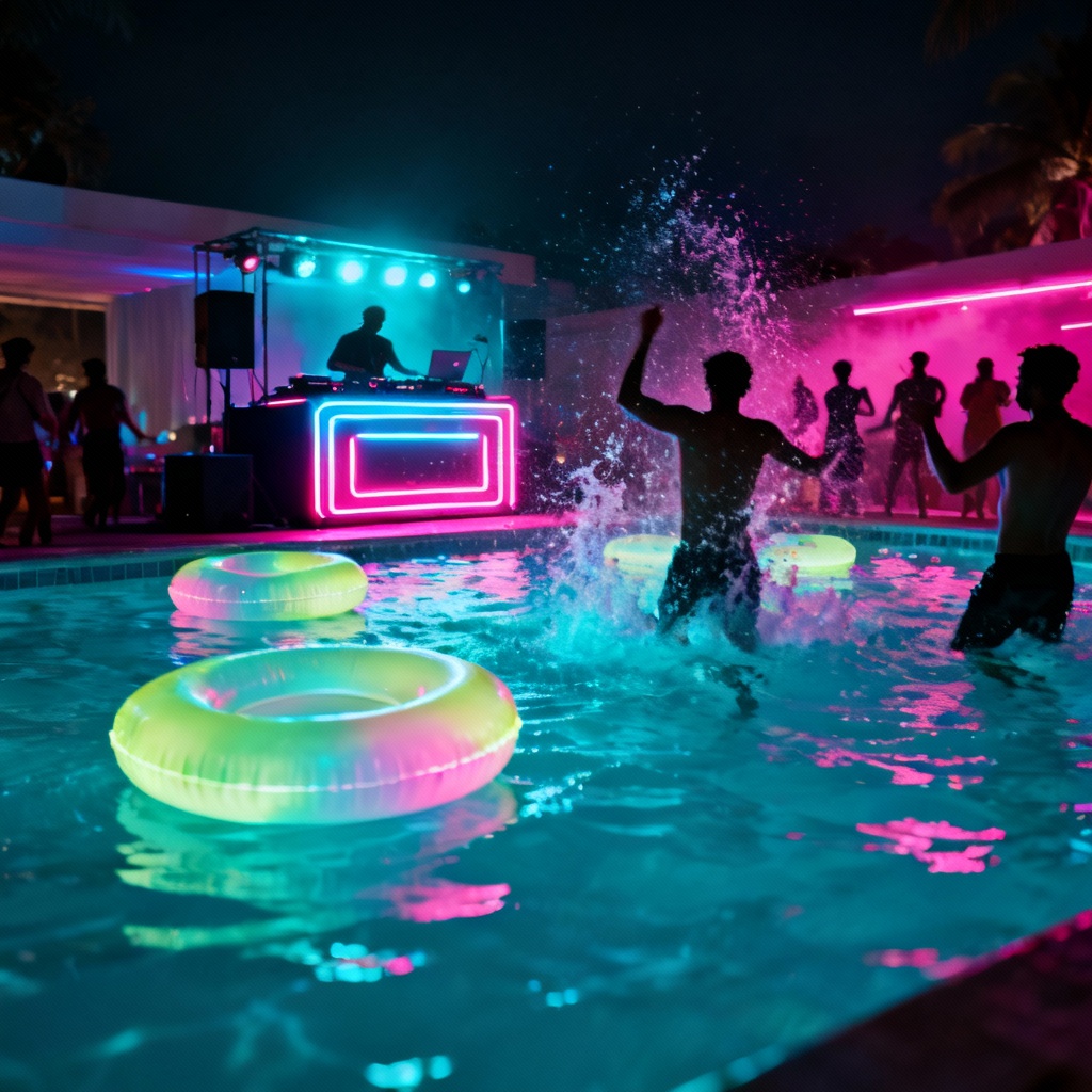 AI neon pool party night scene