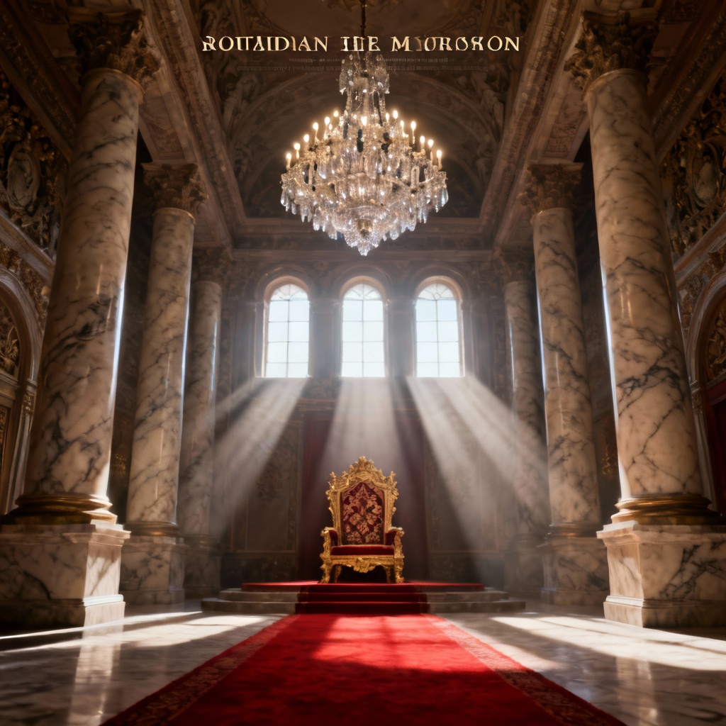 AI fantasy throne room poster with chandelier and red carpet