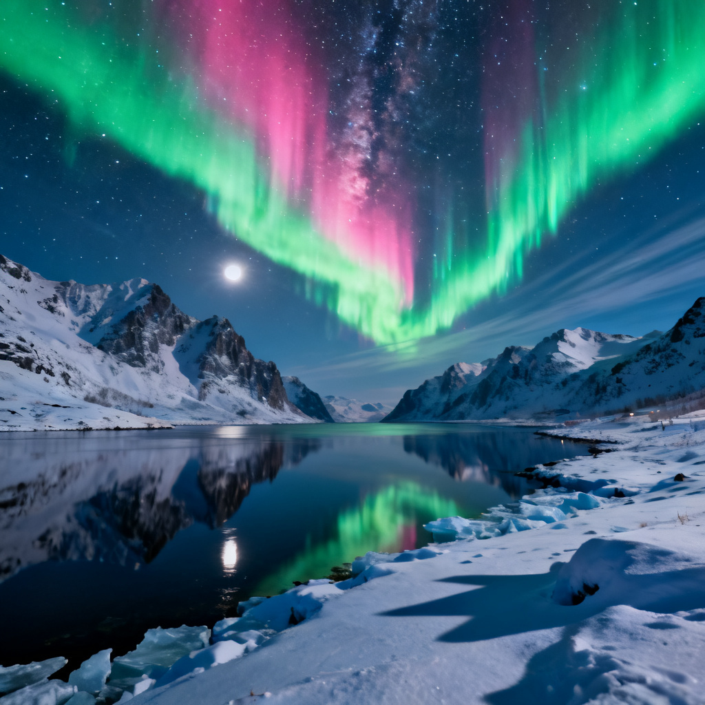 AI aurora over a snowy fjord at night