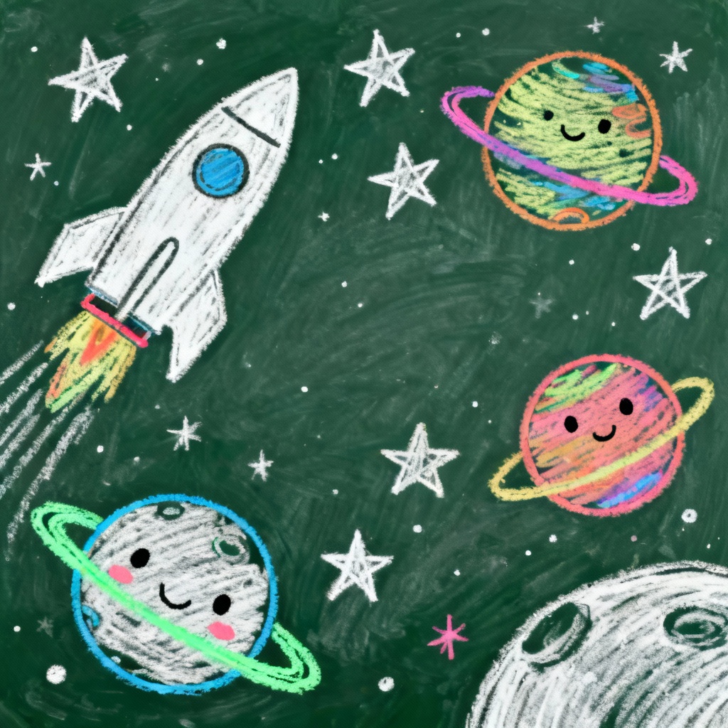 AI childlike chalkboard space scene with rockets and stars