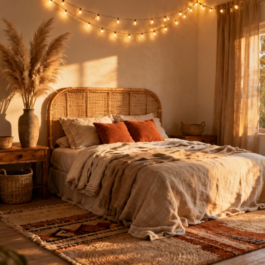 AI boho bedroom makeover with warm textures