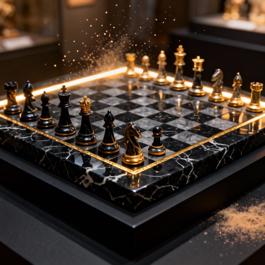 Fantasy marble chess set with carved stone textures
