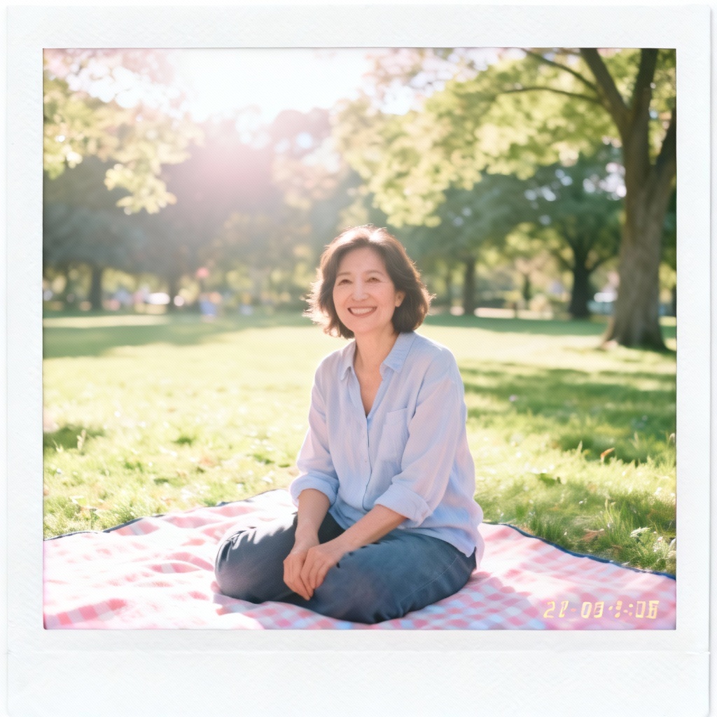 AI polaroid girl picnic portrait with white border