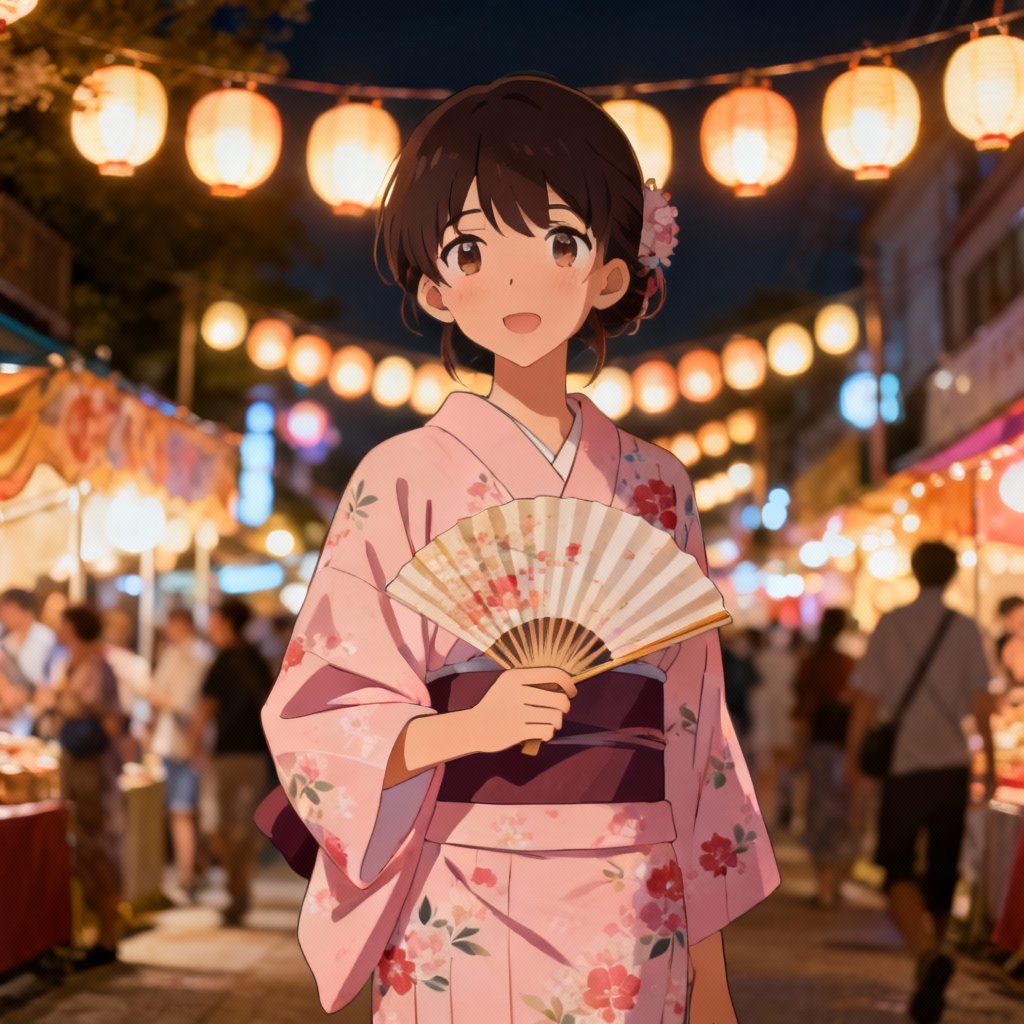 AI kimono girl at night festival with lanterns