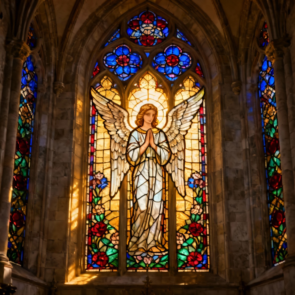 AI stained glass angel inside a gothic cathedral