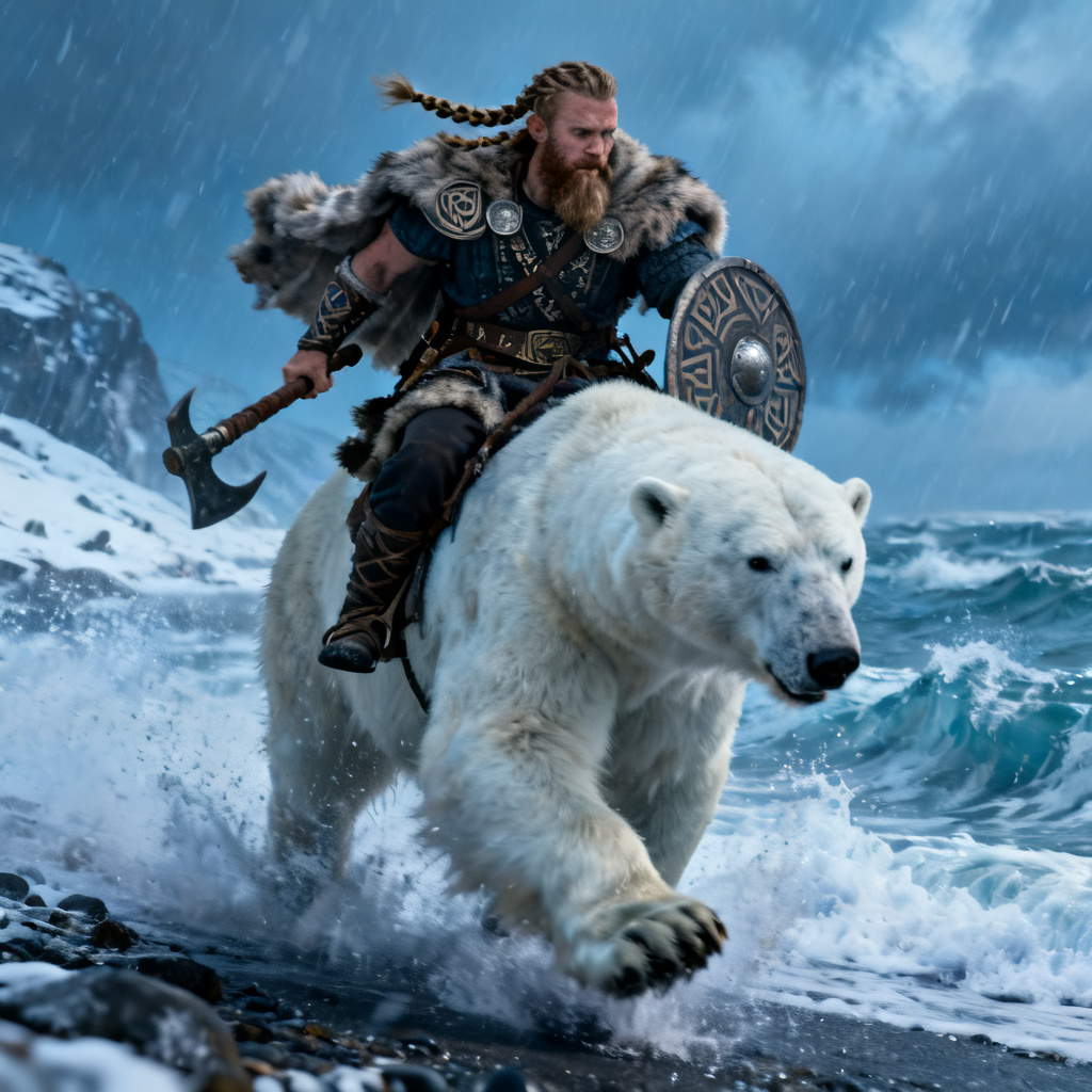 AI viking warrior riding a polar bear on a stormy shore