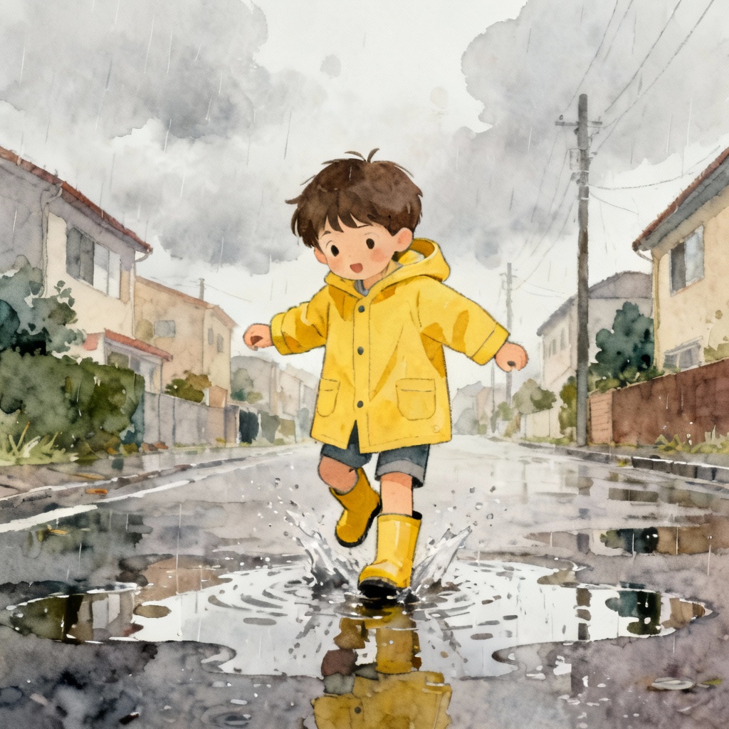 Watercolor little boy in a yellow raincoat splashing in puddles