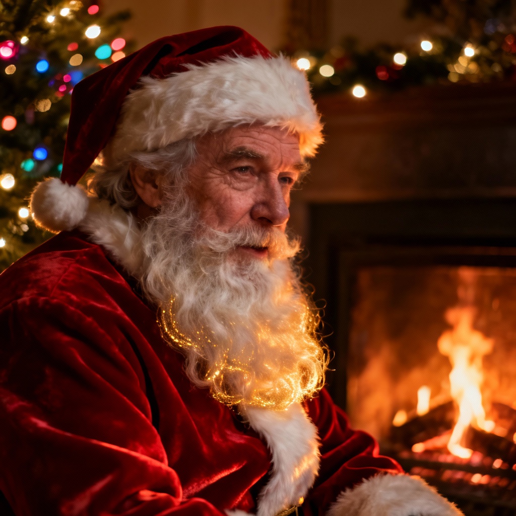 AI Santa Claus portrait by a warm fireplace with Christmas tree lights