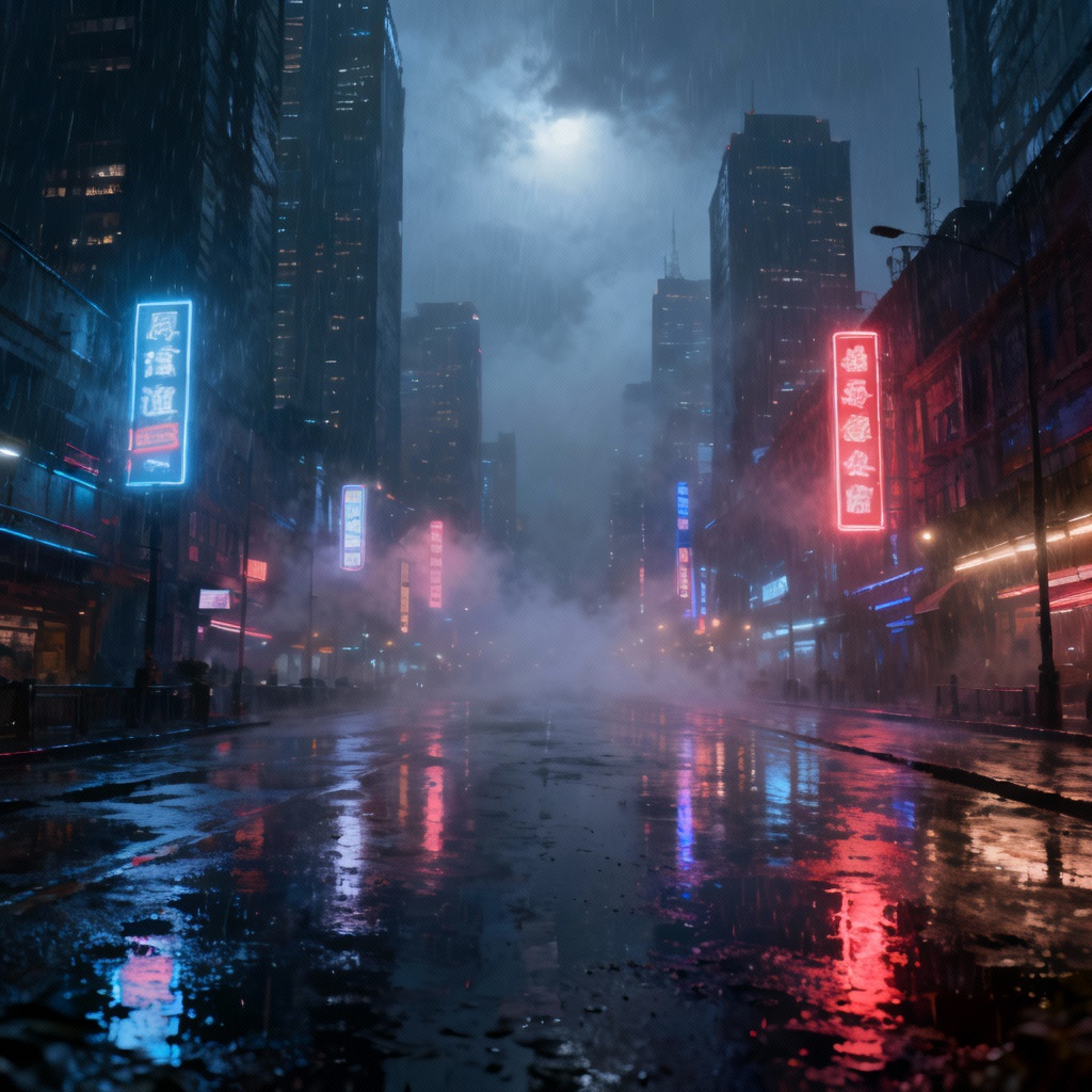 AI landscape matte painting of a rainy cyber city