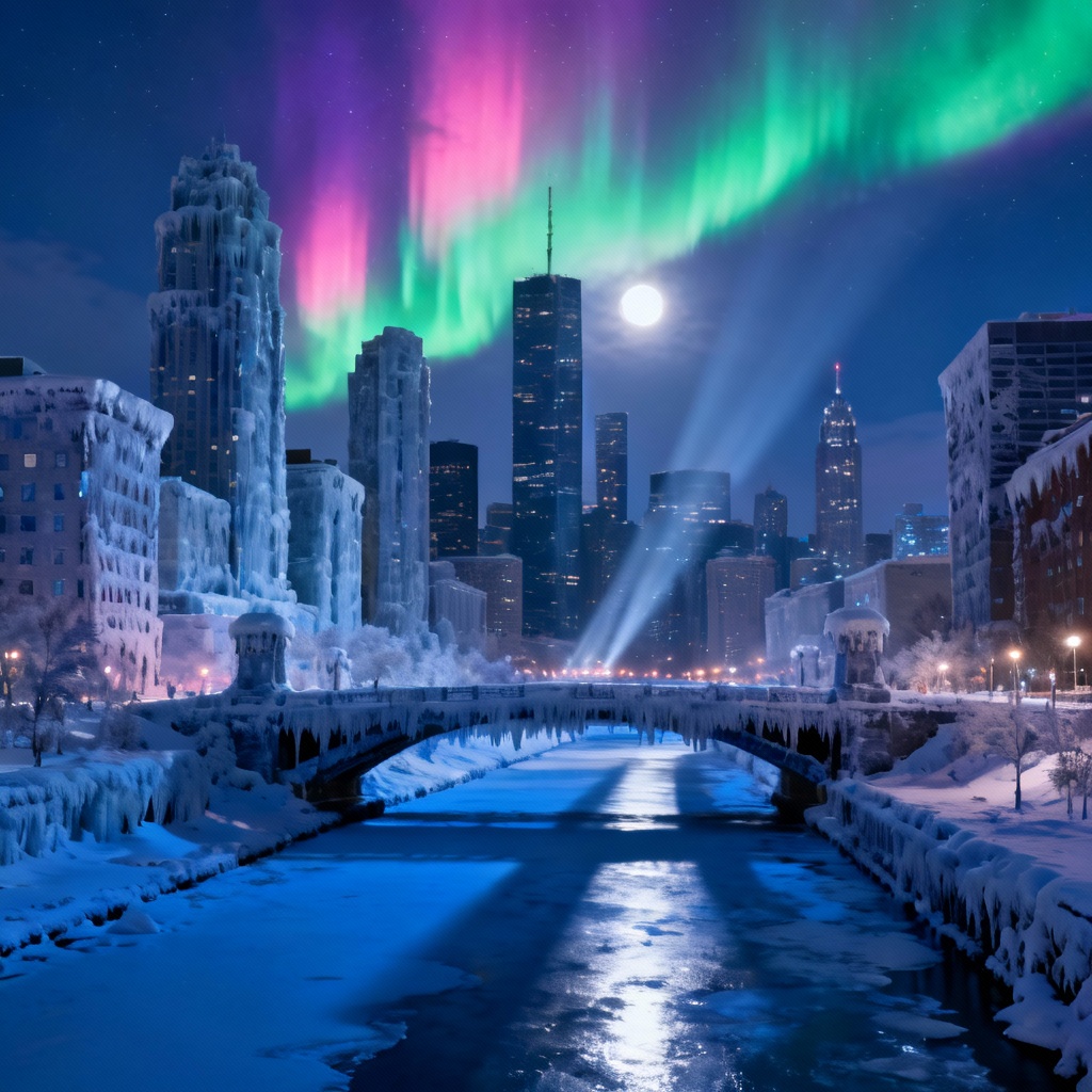 Polar night cityscape with aurora above icy downtown