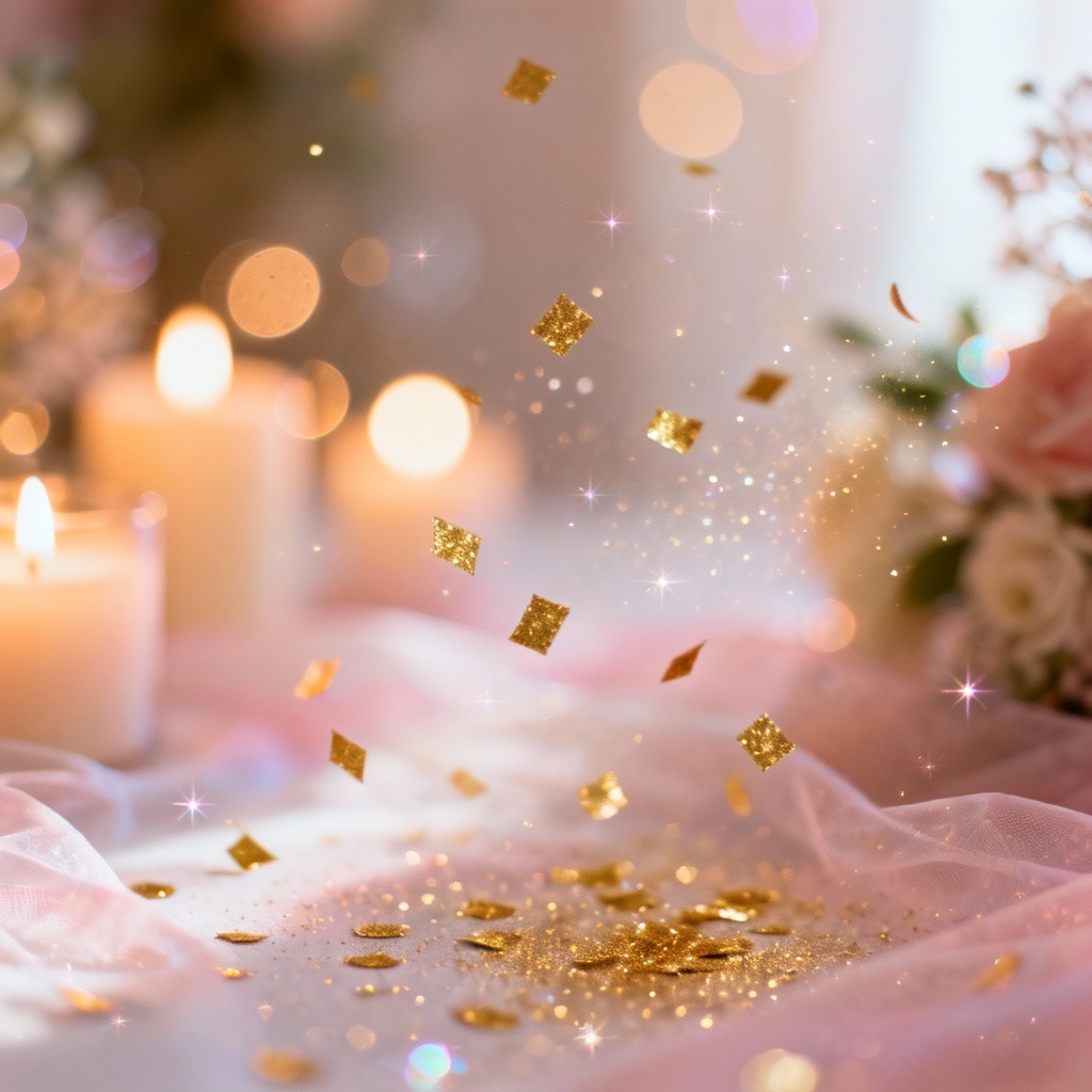 Romantic wedding confetti with golden glow dust