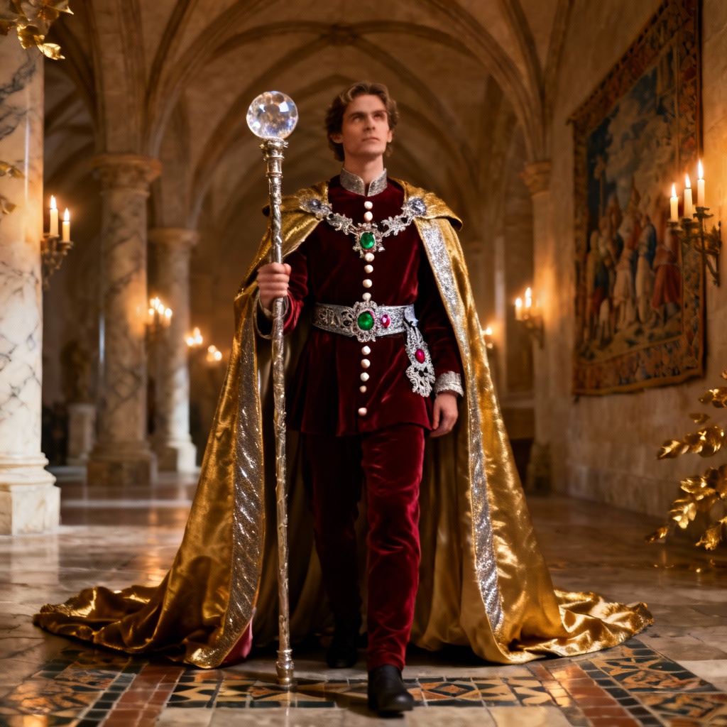 AI royal regalia with brocade cape and gold trim