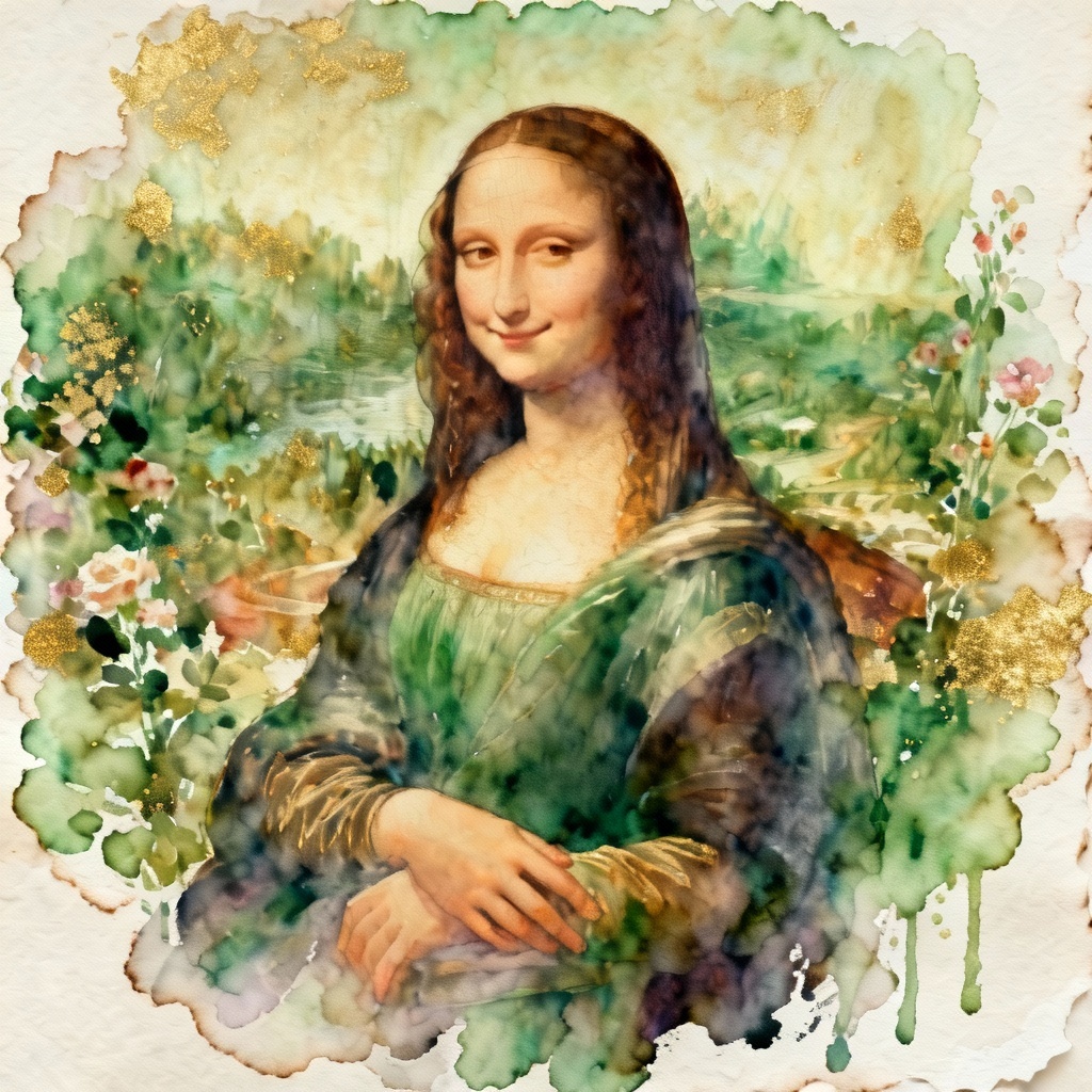 AI Watercolor Mona Lisa in a floral garden