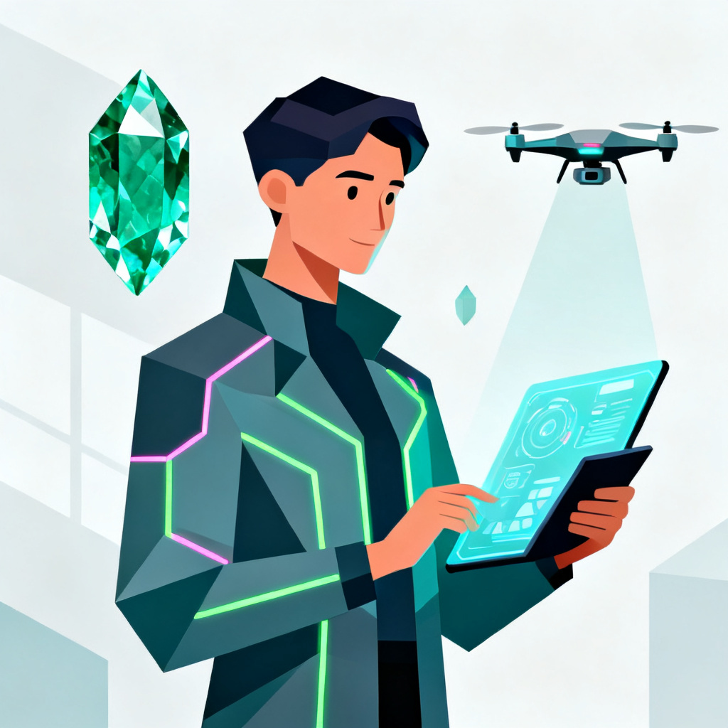 AI teal tourmaline tech gemsona with holographic tablet and drone
