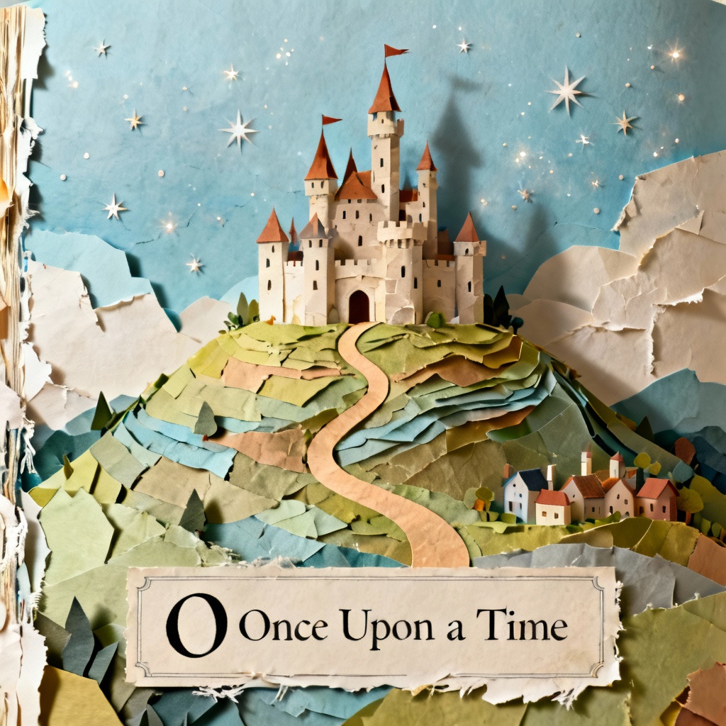 AI cut-paper collage fairy tale castle scene