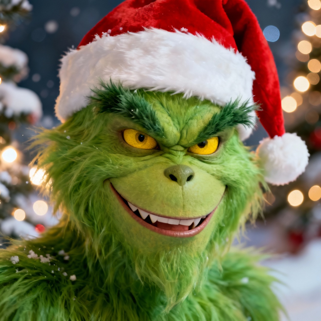 AI-generated festive Grinch face portrait with playful grin